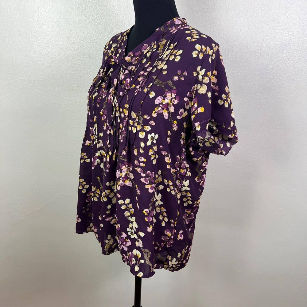 Lands End Womens Purple Floral Tie Neck Pleated Short Sleeve Blouse, Size 16 - Picture 2 of 9